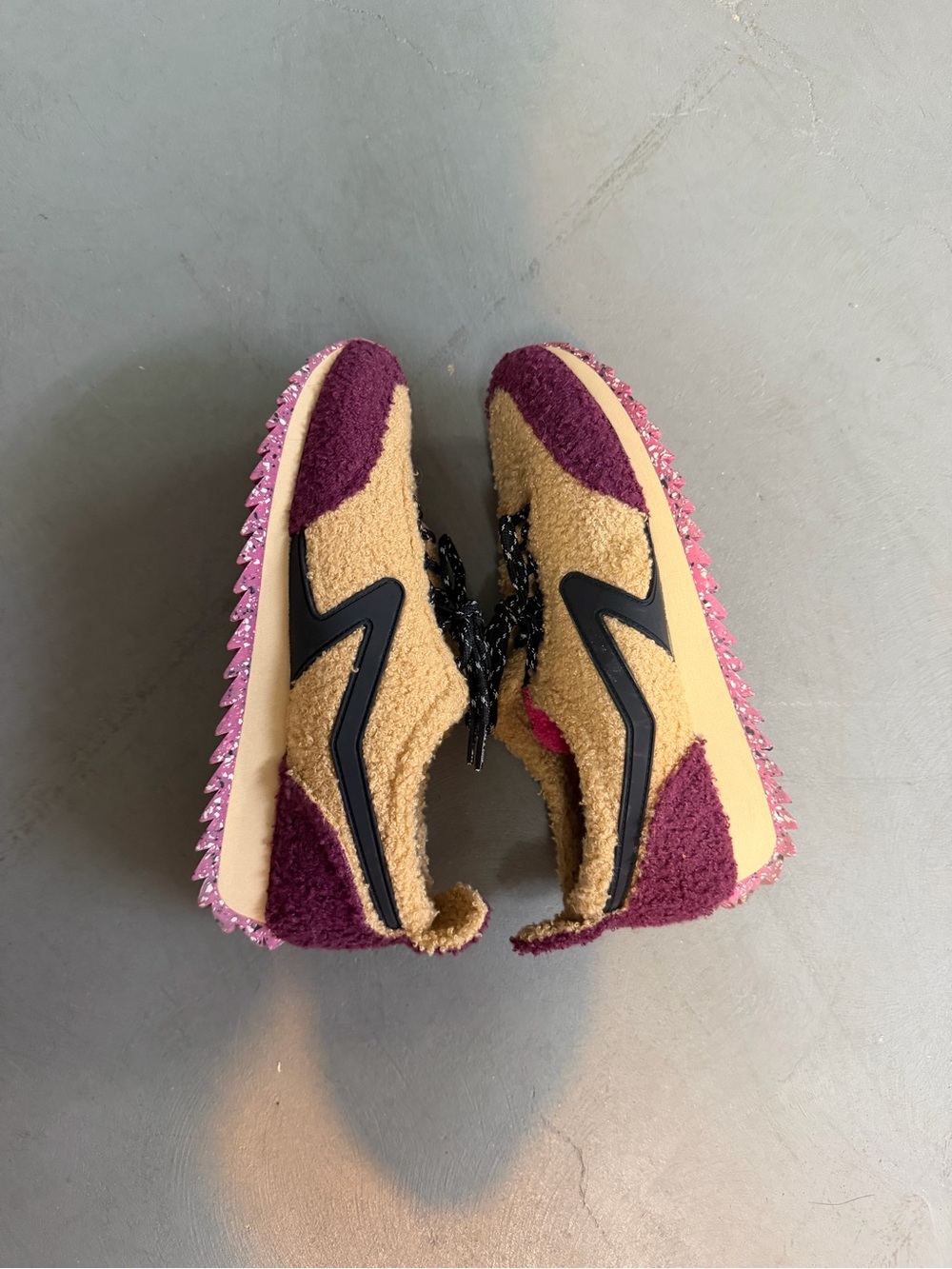 rag & bone Tan Sherpa Sneakers with Burgundy and Pink Accents